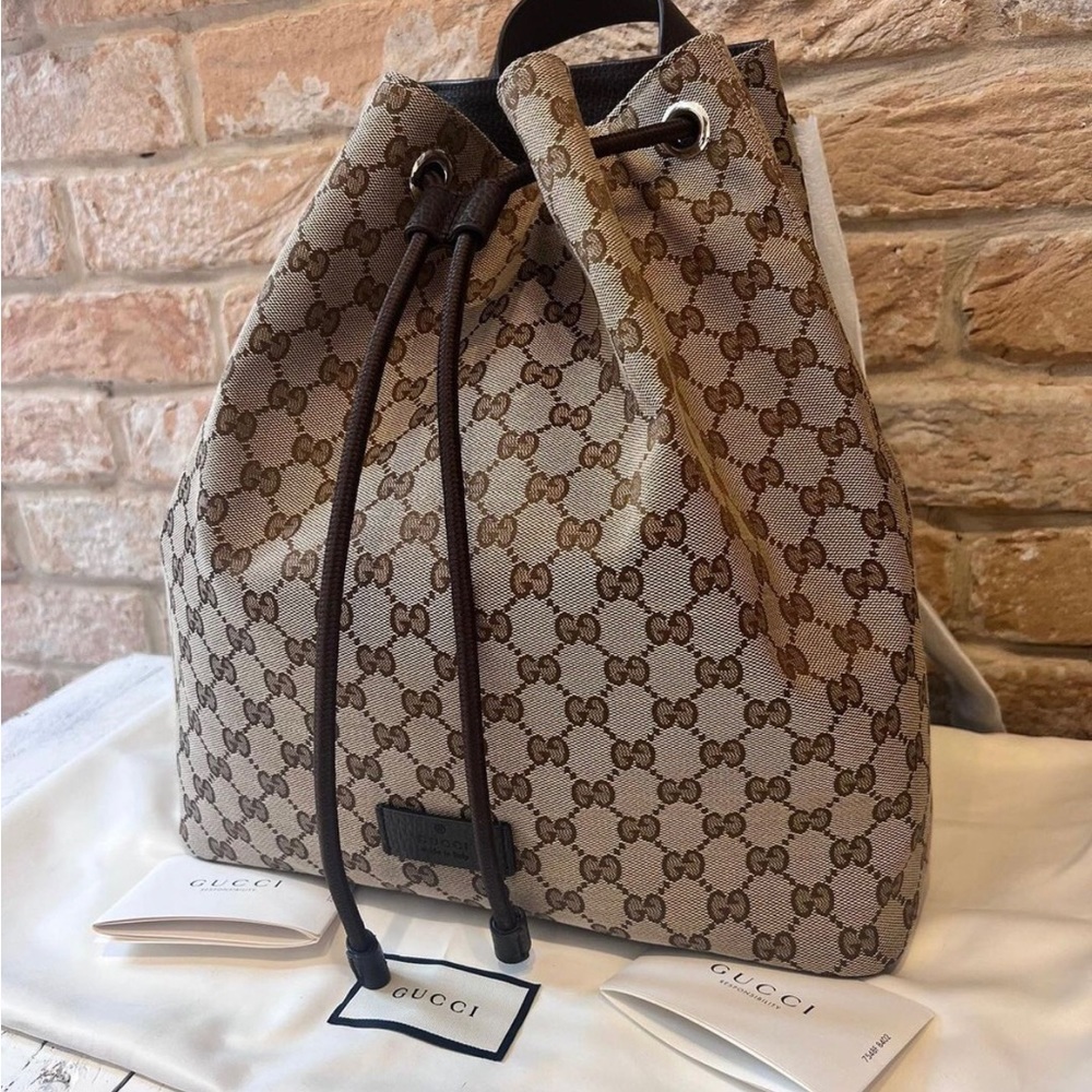 Gucci Brown Canvas GG medium / large drawstring Backpack